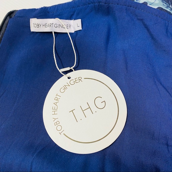 TOBY HEART GINGER Womens Size Large Navy LINEN Floral Tie Up Shoulders Dress NEW - Picture 14 of 16